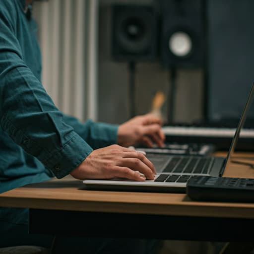 Creative workspace with instruments and recording equipment