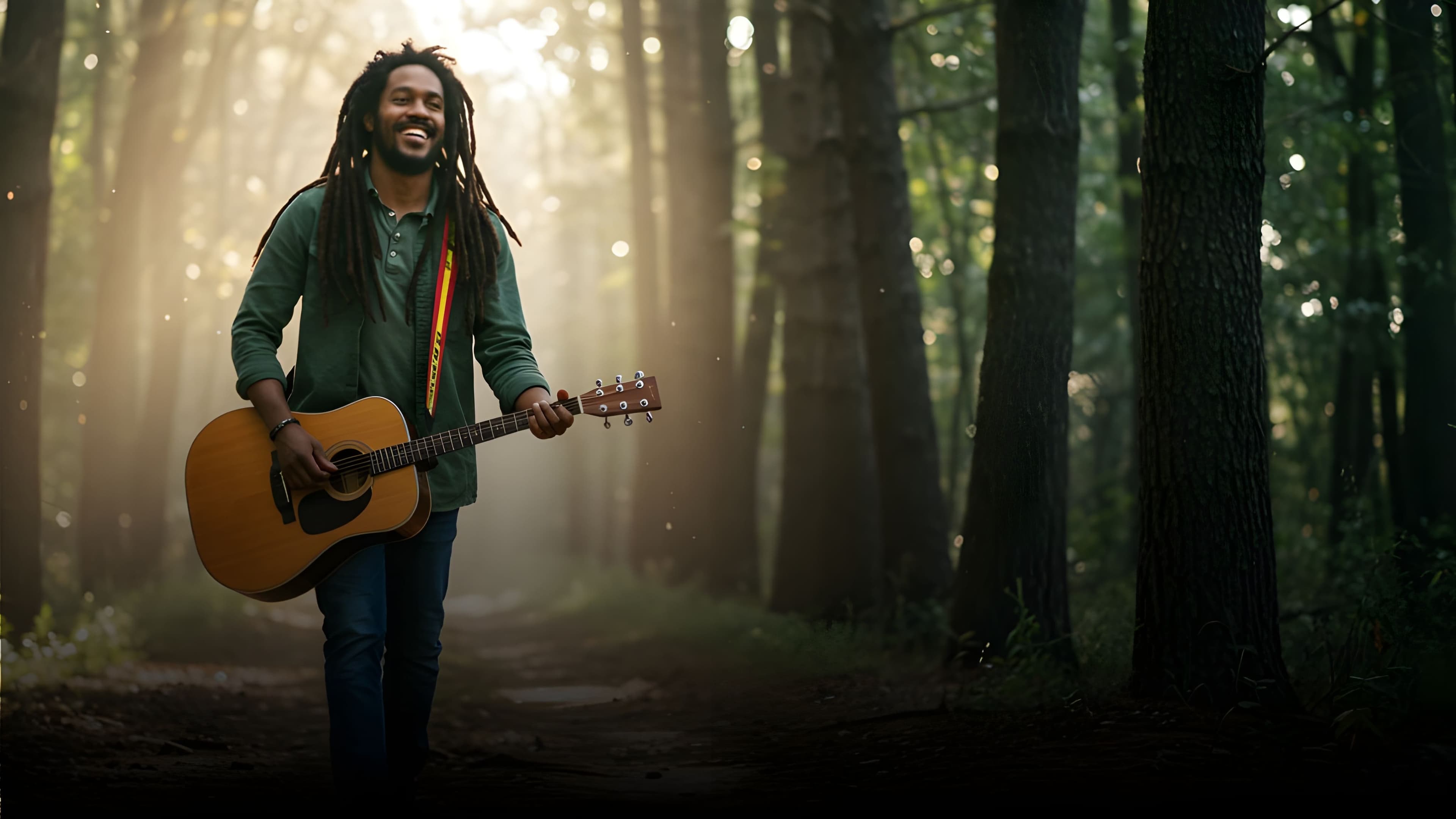 Cinematic shot of a musician with a guitar in a cinematic setting